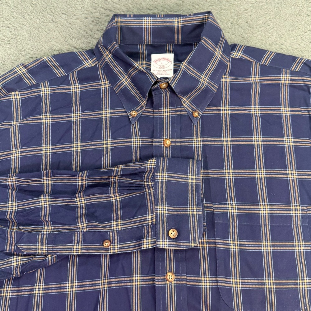 Brooks Brothers Shirt Men L Blue Plaid 346 Non-Iron Cotton Button Down LS